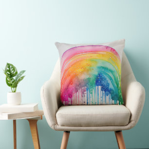 Painted Rainbow Watercolour Paint Drips Abstract Cushion