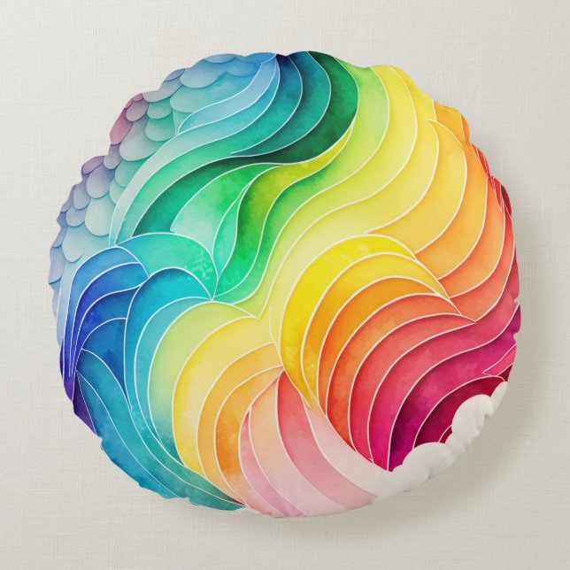 Painted Rainbow Watercolour Paint Drips Abstract  Round Cushion (Front)