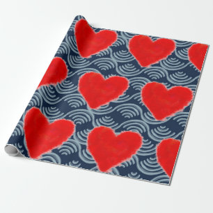 PAINTED RED HEART ON BLUE BACKGROUND GIFT WRAPPING PAPER