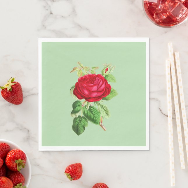Painted Red Rose on Light Green Napkin (Insitu)