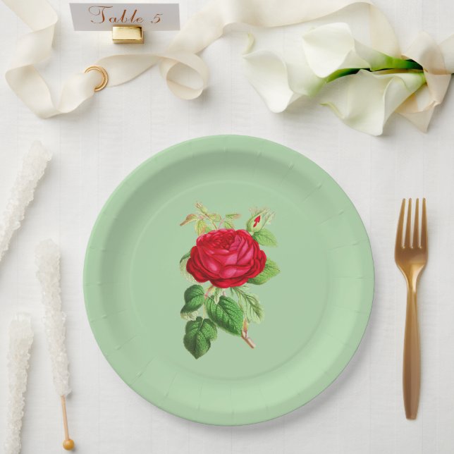Painted Red Rose on Light Green Paper Plate (Wedding)