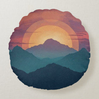 Painted Retro Mountain Sunset - Round Throw Pillow