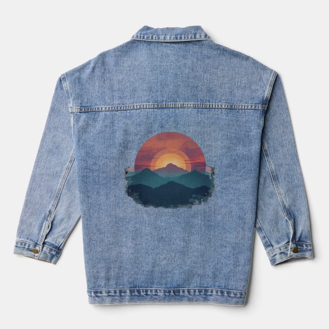 Painted Retro Mountain Sunset – Women’s 3/4 Sleeve Denim Jacket (Back)