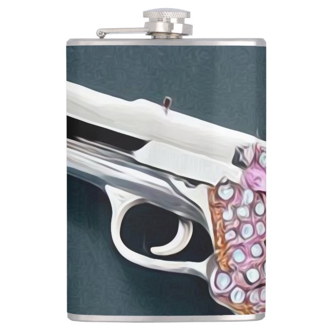 Painted Rhinestone Crystal Pistol Hip Flask (Front)
