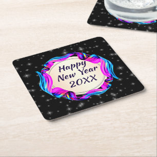 Painted Ribbon on Night Sky Happy New Year 20xx Square Paper Coaster