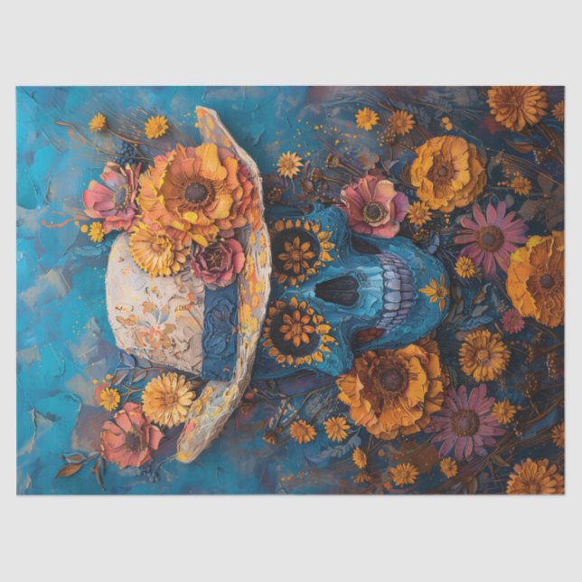 Painted Skull Marigolds Day of the Dead Decoupage Tissue Paper (Front)