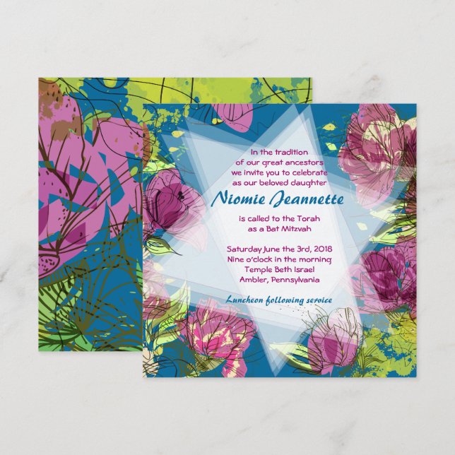 PAINTED SPRING FLOWERS Bat Mitzvah Invitation (Front/Back)