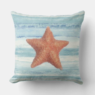 Painted Starfish on Blue Watercolor Stripes Cushion
