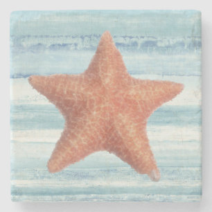 Painted Starfish on Blue Watercolor Stripes Stone Coaster
