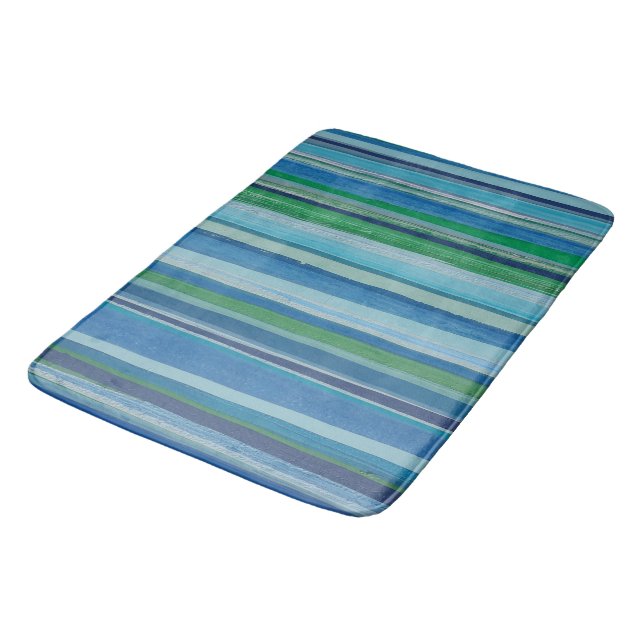 Painted Stripe in Blues and Greens Bath Mat (Angled)