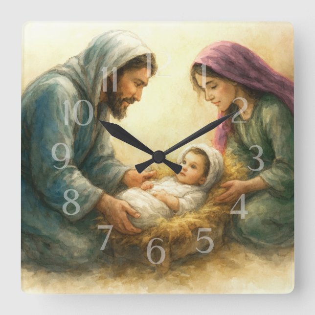Painted Style Nativity Scene Holiday Card Square Wall Clock (Front)
