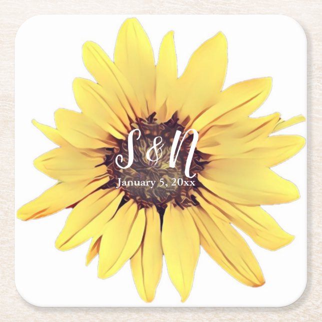 Painted Sunflower Wedding Monogram Square Paper Co Coaster (Front)