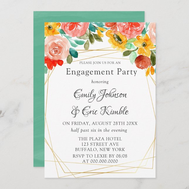 Painted Teal Yellow Orange Peony Engagement Party Invitation (Front/Back)