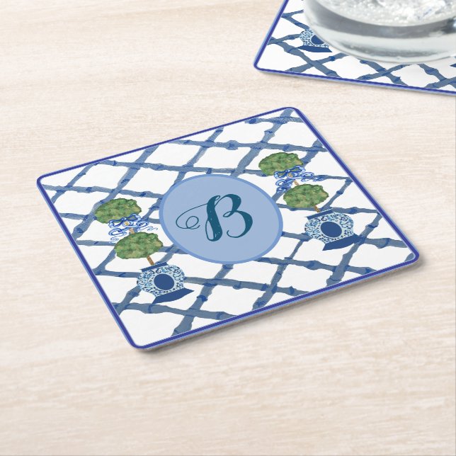 Painted Topiary Chinoiserie Ginger Jars Jar  Square Paper Coaster (Angled)