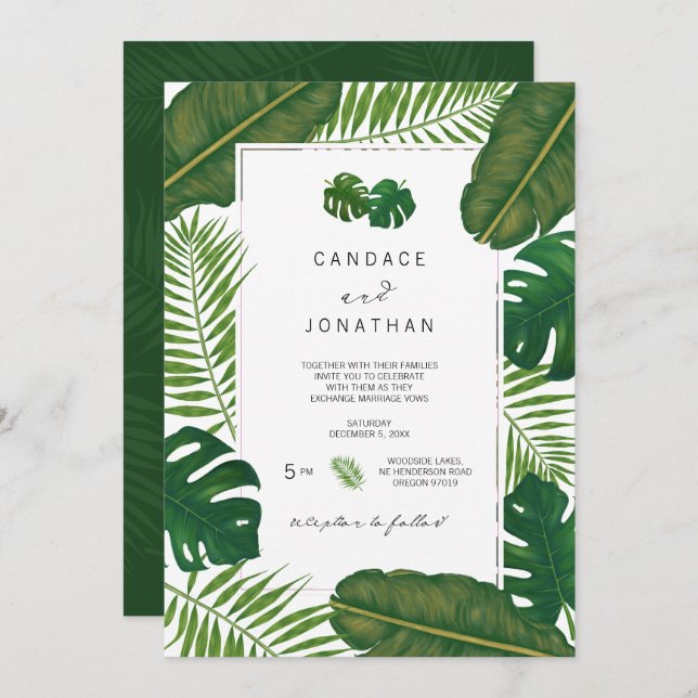 Painted Tropical Leaves Beach Wedding Invitation (Front/Back)
