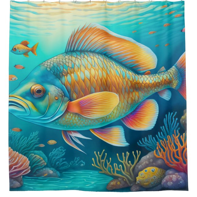 Painted Underwater Reef Scene Fish Coral Shower Curtain (Front)