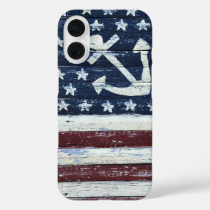 Painted USA Flag and Anchor On Wood iPhone 16 Case