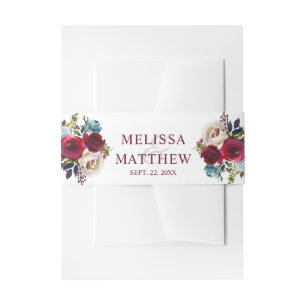 Painted Watercolor Burgundy Dusty Blue Floral Invitation Belly Band