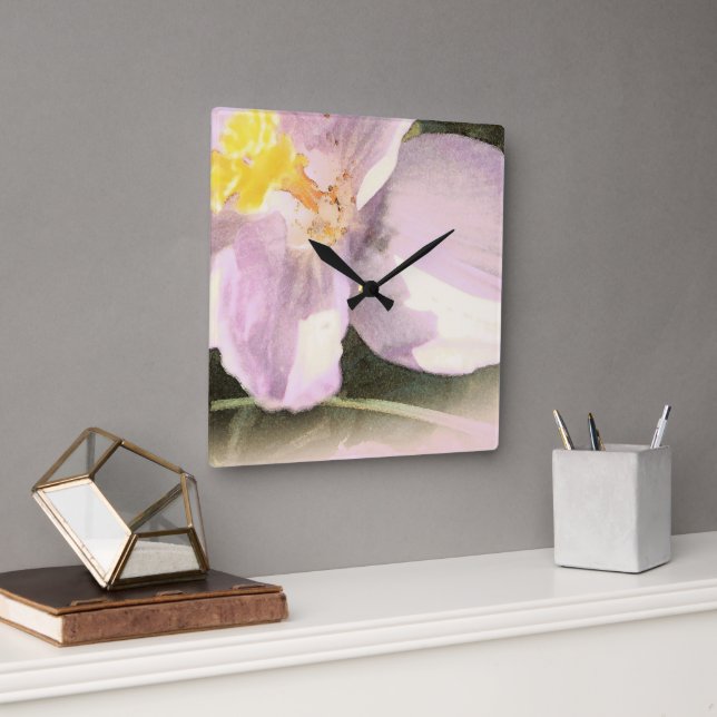 Painted Watercolor Crocus Flower Art Square Wall Clock (Office)