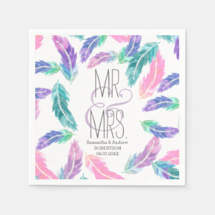 Painted watercolor feathers wedding napkin