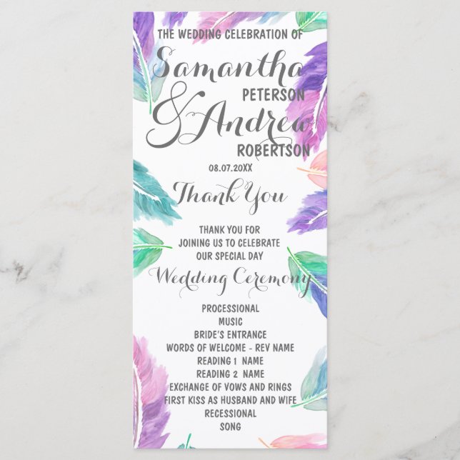 Painted watercolor feathers Wedding Program Programme (Front)