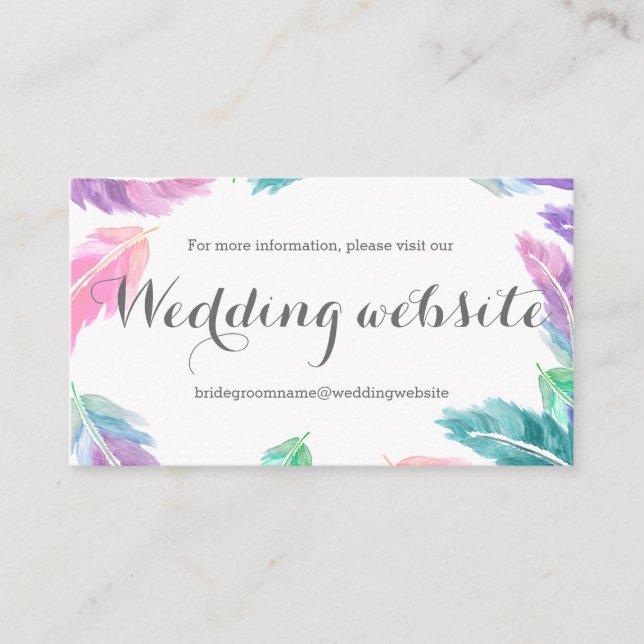 Painted watercolor feathers wedding website enclosure card (Front)