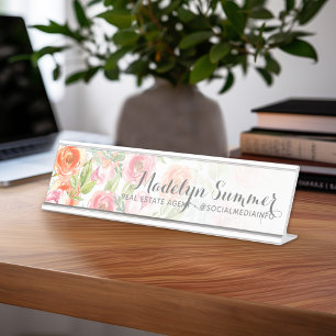 Painted Watercolor Flowers Calligraphy Name Desk Name Plate