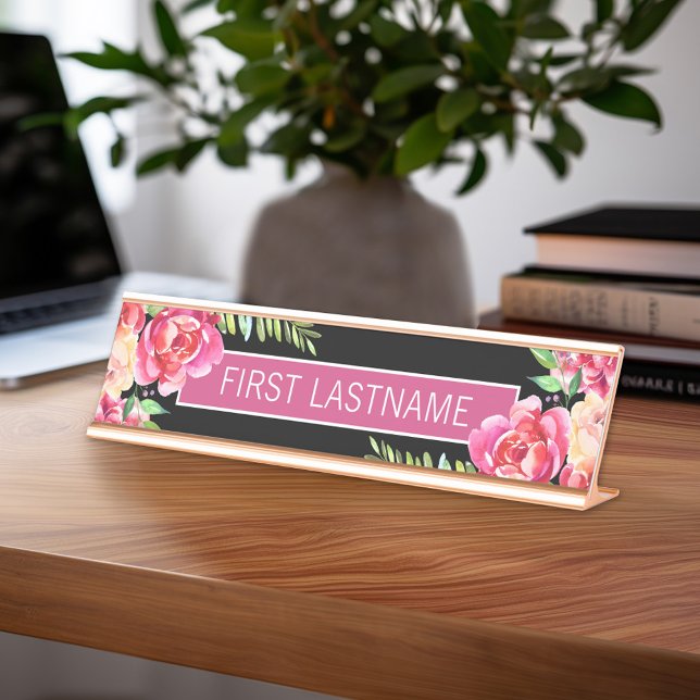 Painted Watercolor Flowers Calligraphy Name Desk Name Plate (Personalized Desk Sign with Name and Title - Custom Executive Name Plate)