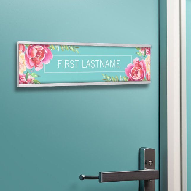 Painted Watercolor Flowers Calligraphy Name Door Sign (Personalized Door Sign - Add Your Custom Text)