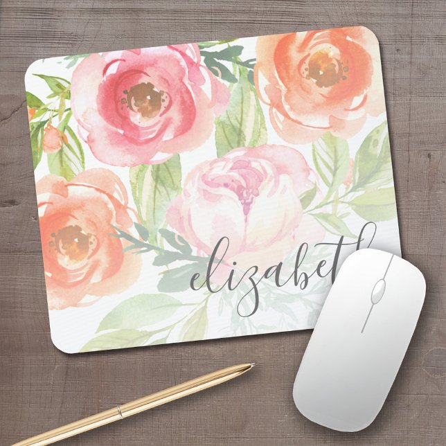 Painted Watercolor Flowers Calligraphy Name Mouse Pad (Personalized Mousepad - Add Your name to this watercolor flower design)
