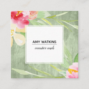 Painted Watercolor Flowers over Rustic Green Wood Square Business Card