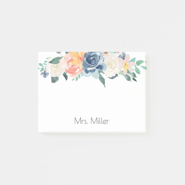 Painted Watercolor Flowers Personalised Post-it Notes (Front)