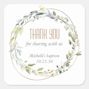 Painted watercolor Greenery, Baptism thank you Square Sticker