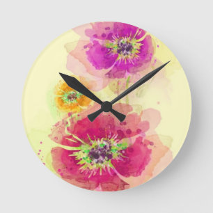 Painted watercolor poppies 2 round clock