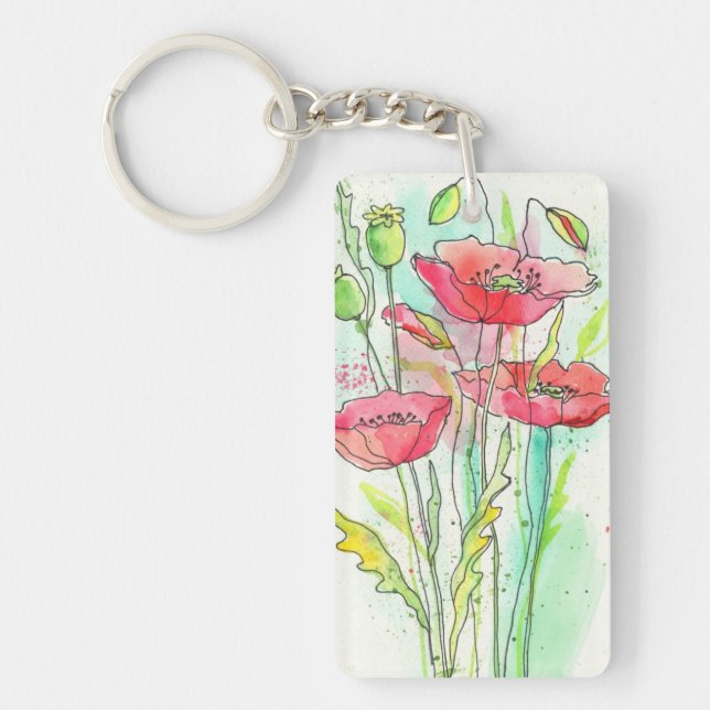 Painted watercolor poppies key ring (Front)