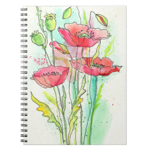 Painted watercolor poppies spiral notebook