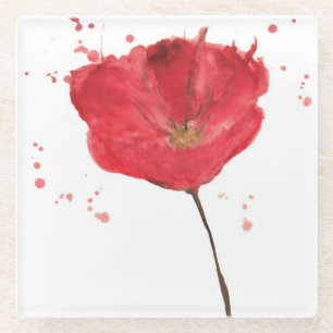 Painted watercolor poppy flower 2 glass coaster