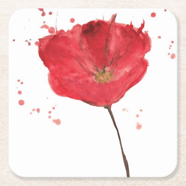 Painted watercolor poppy flower 2 square paper coaster (Front)