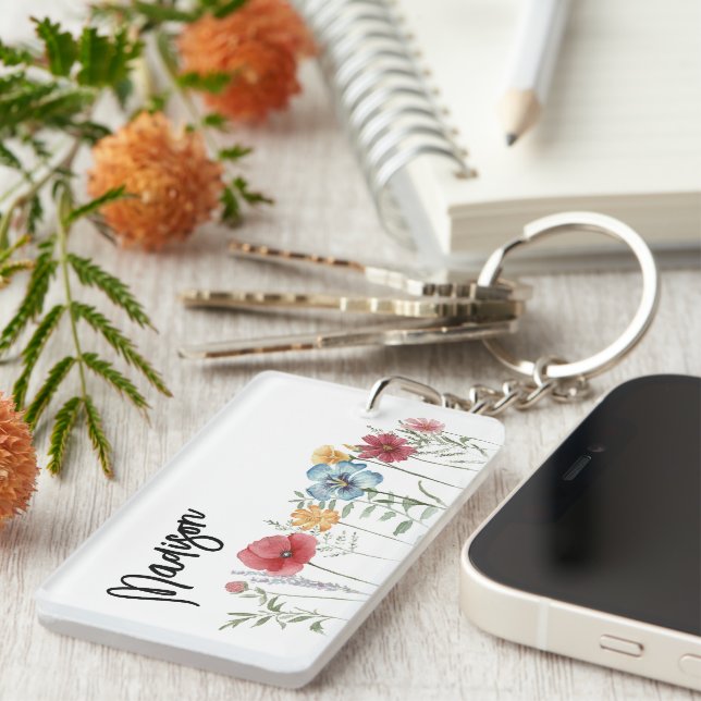 Painted Watercolor Wildflowers with Your Name Key Ring (Front Right)