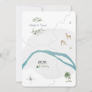 Painted watercolour wedding map invitation
