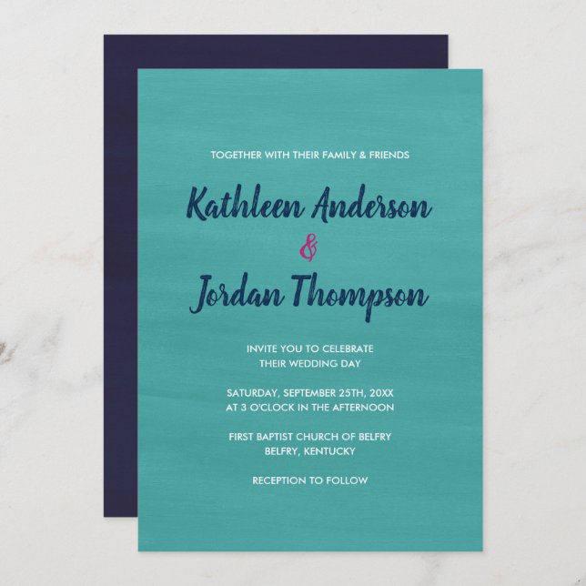 Painted Wedding Invite Turquoise, Navy Blue + Pink (Front/Back)