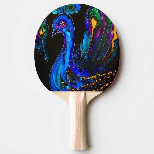 Painted Whimsical Peacock Ping Pong Paddle (Front)