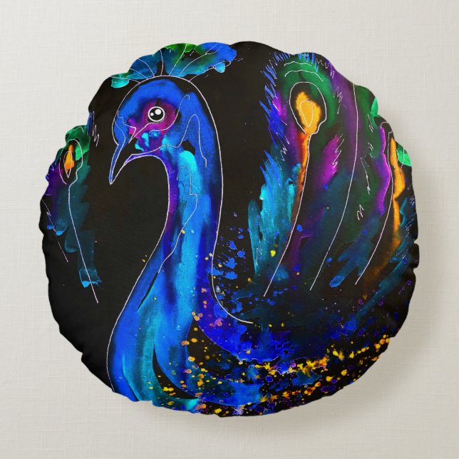 Painted Whimsical Peacock Round Cushion (Front)