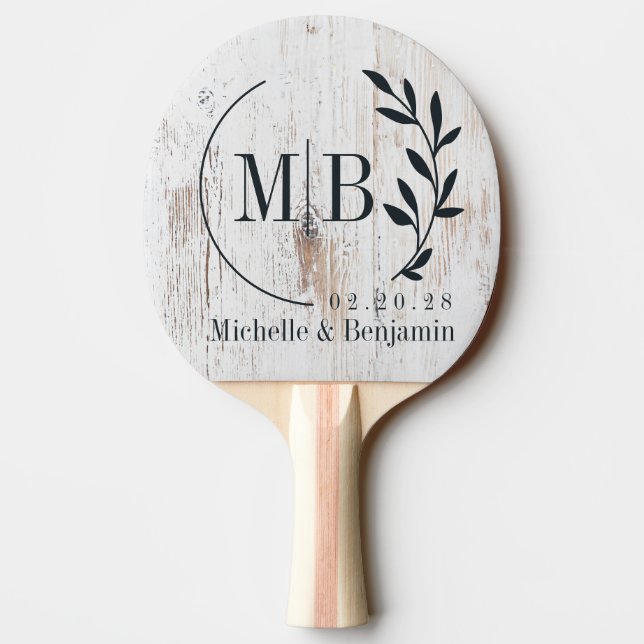 Painted White Wood Leaf Wedding Monogram Ping Pong Paddle (Back)