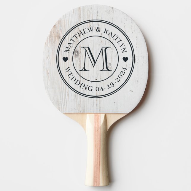 Painted White Wood Wedding Monogram Heart Ping Pong Paddle (Front)