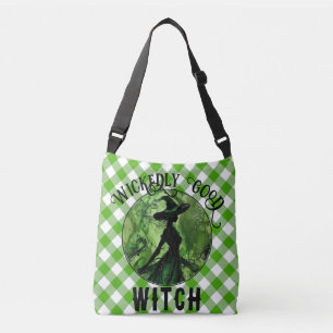 Painted Wickedly Good Witch Green Gingham Plaid Crossbody Bag