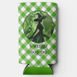 Painted Wickedly Good Witch Green Gingham Plaid Seltzer Can Cooler