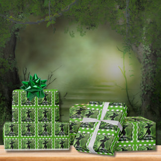 Painted Wickedly Good Witch Green Gingham Plaid Wrapping Paper