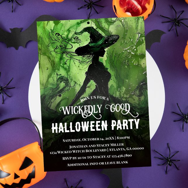 Painted Wickedly Good Witch Green Halloween Party Invitation (Creator Uploaded)