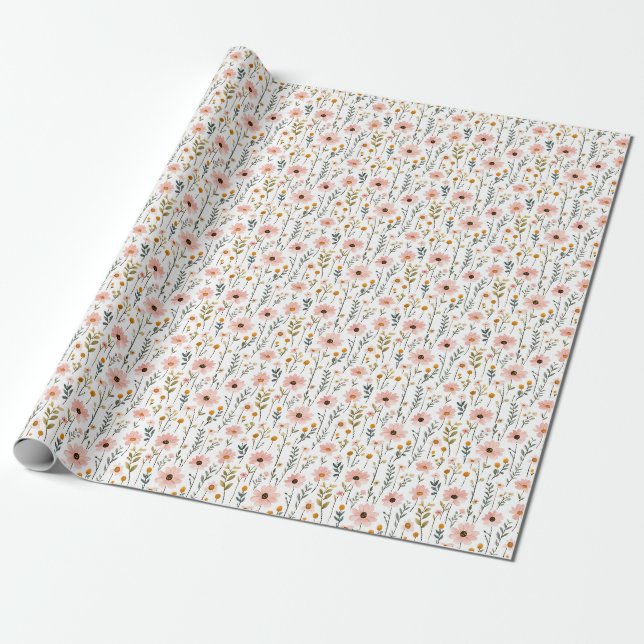 Painted Wildflowers on White Wrapping Paper (Unrolled)